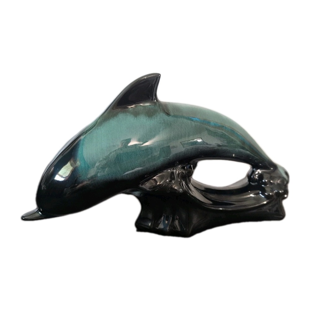 VTG  Blue Mountain Pottery Jumping Dolphin Drip Glaze Turquoise Black Waves 12"